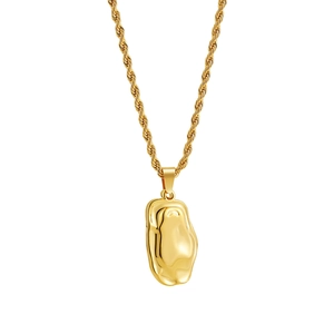 Detail of 18K gold stainless steel rope chain with irregular molten lava pendant necklace