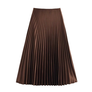 Elegant chocolate brown satin pleated midi skirt with high waist A-line silhouette