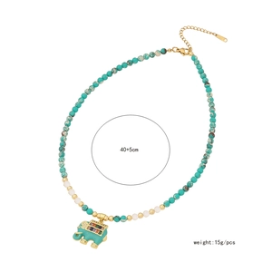 Detail view of natural stone beaded necklace with colorful elephant pendant, size 40+5cm