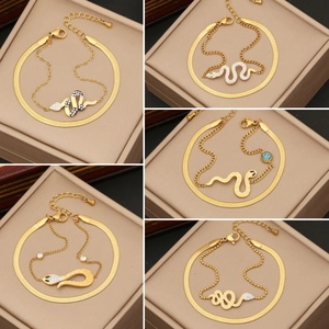 Edelstahl Schlange Doppelschicht Armband Gold Überzogen Strass Schlange Anhänger Schlangenkette Schmuck Für Damen