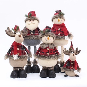 Christmas plush doll set with Santa Claus, Snowman and Reindeer in red plaid fabric