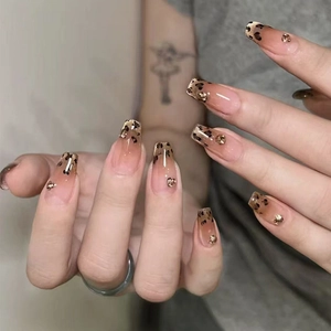 Press On Nails Leopard Print Coffin Shape French Tip Gradient Design With Rhinestones ABS Plastic For Women