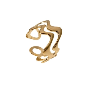 Irregular wavy gold stainless steel ring with double-layer minimalist geometric design