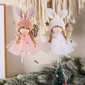 Christmas Angel Rabbit Doll Hanging Ornaments Plush Tulle Star Skirt With Glitter Wings For Holiday Tree Home Decoration