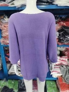 Rückansicht von lila Grobstrickpullover mit vertikaler Rippenstruktur im Detail