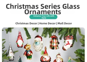 Detail of hand-painted glass Christmas ornaments including Santa and bear on a tree