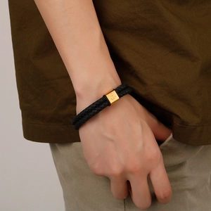 Men's double-layered black braided leather bracelet with golden stainless steel anchor clasp