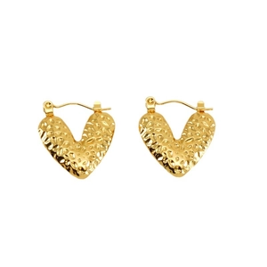 Vintage heart shaped hammered gold earrings in stainless steel for women with stud closure