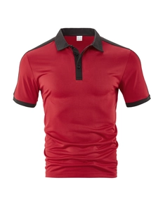 Detail view of red Polo shirt with black contrast collar and neckline label