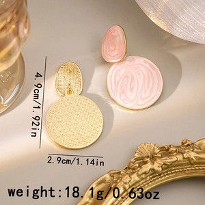 Pink marble texture round earrings in gold setting with size and weight dimensions