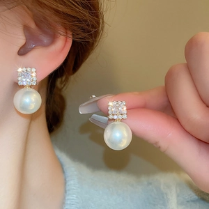 Elegant gold drop earrings with square zircon and round faux pearl pendants for women