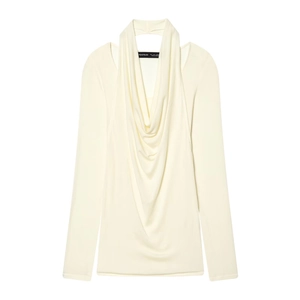 Women Long Sleeve T-Shirt Knit Ribbed Cutout Drape Neck Slim Fit Casual Streetwear Off White Top