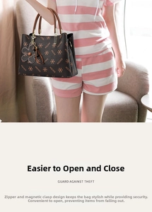 Detail view of brown patterned tote bag with dual magnetic and zipper anti-theft closure