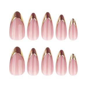 French gold metallic tip press-on nails in short almond shape with nude base