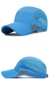 Detail of sky blue breathable mesh running cap with reflective trim and side logo
