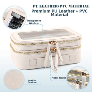 Detail of cream double-layer toiletry bag with transparent window and gold zipper