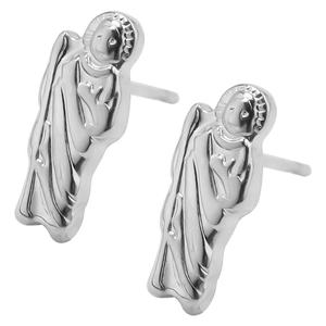 Macro shot of silver stainless steel saint figure studs with divine halo details