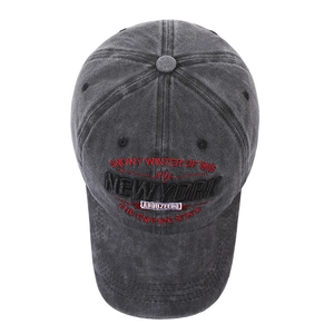 Vintage washed charcoal cotton baseball cap with New York embroidery in top view