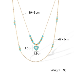 Detailed size chart of gold evil eye heart pendant necklace with turquoise beads