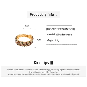 Detailed size measurement of a luxury three-layer gold bangle with colorful rhinestones