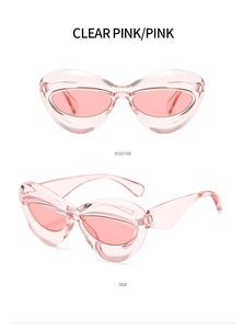 Detailed view of clear pink cat-eye sunglasses with pink lenses from front and side angles