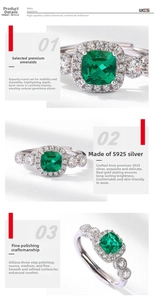 Macro shot showing high-quality emerald gemstone and S925 silver setting with micro-diamonds