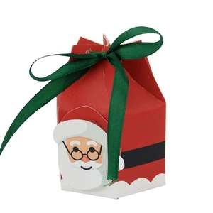 Detail of red Christmas gift box with Santa Claus print and green silk ribbon bow