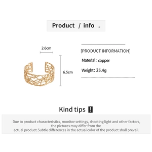 Detail specifications of 18K gold plated mesh cuff bracelet with dimensions and weight info
