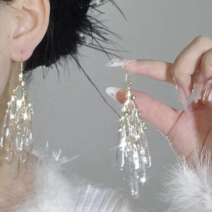 Elegant acrylic crystal fringe earrings with long tassels and gold hooks for women