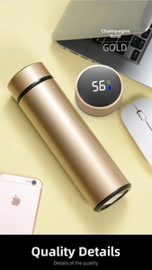 Detailed view of champagne gold thermos lid featuring an LED digital temperature display