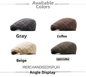 Four colors of men's tweed newsboy hats in grey, coffee, beige, and light coffee