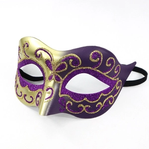 Elegant purple and gold gradient masquerade mask with glittered scrollwork patterns