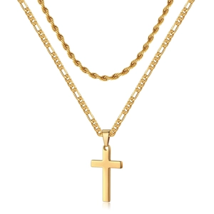 Collier Double Épaisseur Pendentif Croix Acier Inoxydable Chaîne Torsadée Figaro Bijoux Style Hip Hop Punk Hommes Femmes