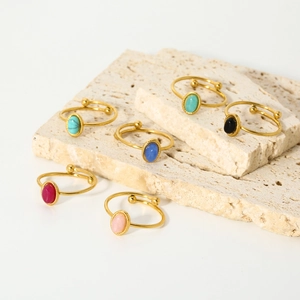 Minimalist 18K gold plated stainless steel open rings with colorful natural stones
