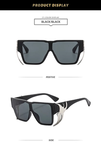 Detail view of square oversized sunglasses with side metal flame accent and Y2K punk style