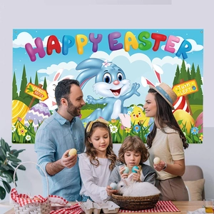 Family posing in front of Happy Easter party banner backdrop for spring holiday decoration