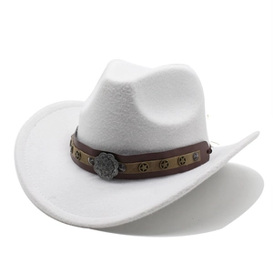 Detail of white western cowboy hat with brown faux leather band and star metal studs