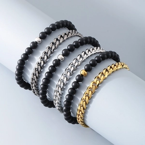 Men's 4-piece bracelet set with black onyx beads and mixed metal Cuban link chains