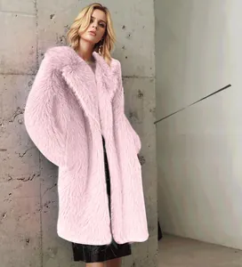 Detailed texture of pink faux fur coat with oversized lapel and plush long-hair finish