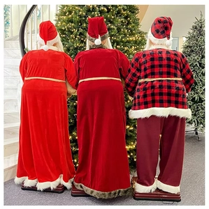 Back view of 1.8m musical Santa Claus figures in red velvet and plaid festive costumes