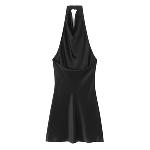 Elegantes schwarzes Satin-Minikleid mit Neckholder, rückenfrei und seidigem Glanz