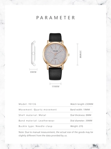 Detail-Diagramm der Damen-Quarzuhr mit Abmessungen und Details zum Lederarmband