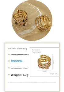 Macro detail of multi-layer gold plated stainless steel ring with colorful zircon stones