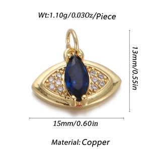 Detailed dimensions of 14K gold plated evil eye pendant in copper with blue gemstone