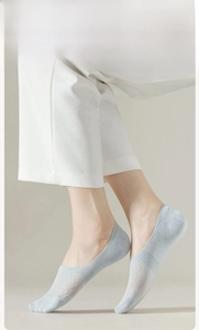 Detail of light blue mesh boat socks showing breathable diamond pattern on a model's foot