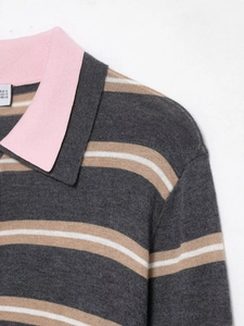 Detail of knit polo shirt collar with pink contrast lapel and grey striped texture