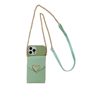 Green leather crossbody phone case with golden heart clasp and chain strap for smartphones