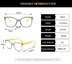 Detailed size chart for TR90 blue light glasses showing 143mm frame width and specs