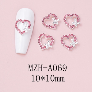 Pink heart-shaped nail charms with hollow alloy design and silver butterfly 10mm