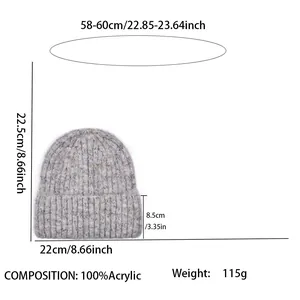 Size chart for the grey marl knit beanie showing dimensions and 100% acrylic material